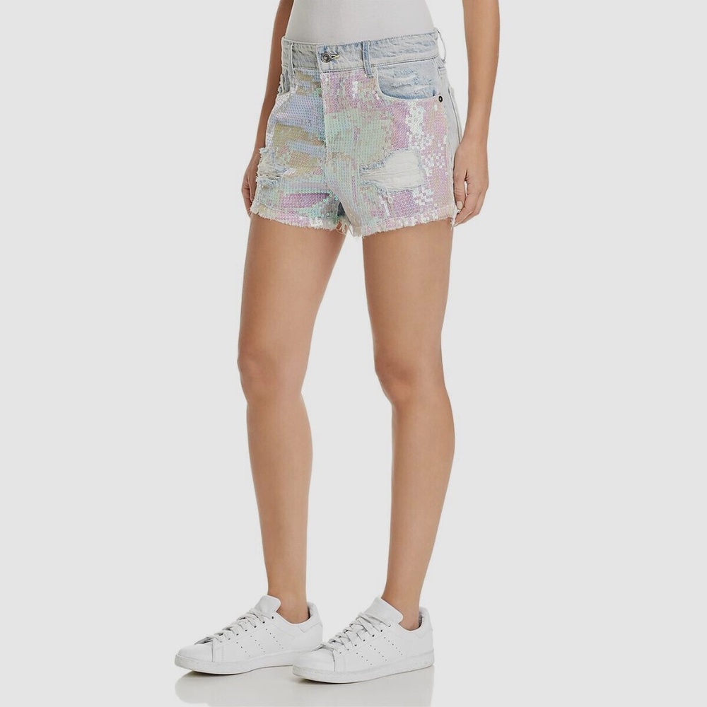 Sequined Distressed Denim Shorts | Sunset + Spring